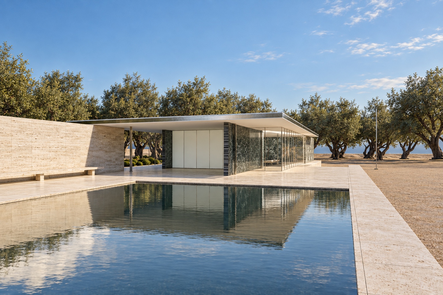 Restitution du pavillon, sa toiture horizontale et son reflet dans le grand bassin